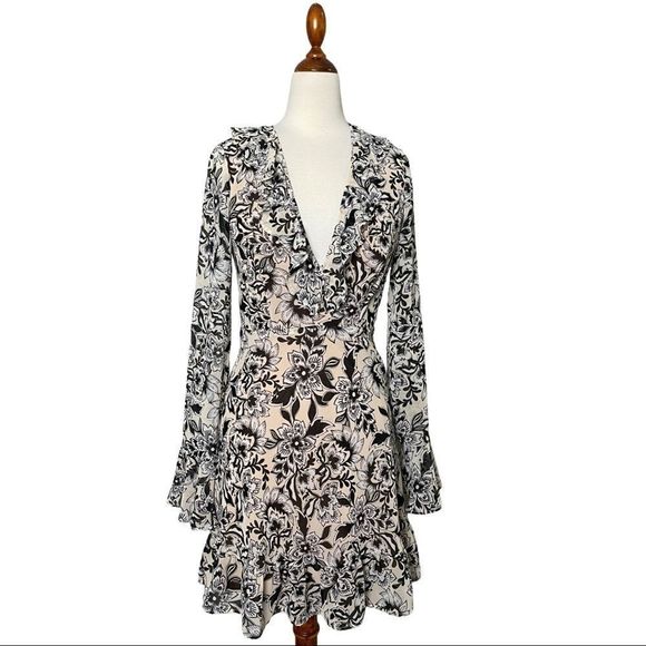 For Love & Lemons Gracie Black Floral Mini Dress Size Small Ruffle Bell Sleeves - Picture 2 of 13